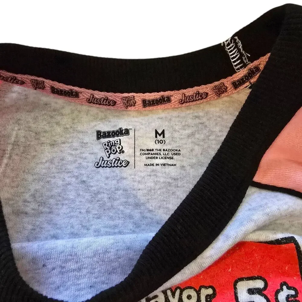 Bazooka Ring Pop Justice Crop Top Raglan Baby Tee Girl SZ M